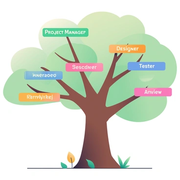 A tree with branches labeled with different team roles and tasks