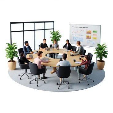 A modern collaborative workspace featuring large windows that allow natural light to flood the room. There are several sleek, round tables surrounded by comfortable chairs, each with a couple of professionals seated. The professionals, a diverse group of men and women, are dressed in business casual attire, engaged in animated discussions. On one table, there are laptops open, financial documents, and steaming cups of coffee. A whiteboard nearby displays complex charts and graphs related to private equity strategies. The overall atmosphere is dynamic and focused, with greenery in the corners of the room adding a fresh touch.