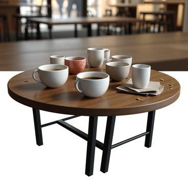 A small round cafe table made of dark wood, showing a few scratches and signs of use. The table is covered with several used coffee cups, each with different designs and colors, some with remnants of coffee at the bottom. A couple of paper napkins are slightly crumpled next to the cups. The scene captures the ambiance of a busy day, with a few crumbs scattered around the table surface. The background features a blurred view of a bustling cafe, with hints of other tables and patrons.