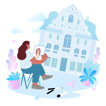 An art student is sitting on a small stool, intently focused on sketching an intricate façade of a Bordeaux building. The student has a sketchbook open on their lap and holds a pencil in one hand, while their other hand rests on the sketchbook. Surrounding the student are art supplies scattered on the ground, including charcoal sticks and an eraser. The building features elaborate architectural details, such as ornate windows and decorative moldings, under a clear sky. Various plants, like potted flowers and small bushes, are positioned around the base of the building, adding a touch of greenery to the scene.