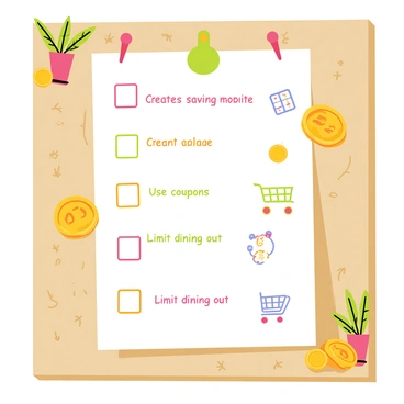 An illustrated checklist pinned to a corkboard. The checklist features several colorful, handwritten-style tips for saving money, such as "Create a budget", "Use coupons", and "Limit dining out", each surrounded by small doodles like a piggy bank, a calculator, and a shopping cart. The corkboard has a textured brown surface, and there are colorful pins holding the checklist in place. In the corners of the corkboard, there are small decorative items, such as a miniature plant and some scattered coins.