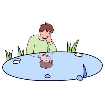 A person standing beside a pond, looking intently into the water. The surface of the pond is smooth and mirrors the person's reflection. The focal point of the reflection is the person's chin, which is sharp and clearly defined. The person has short brown hair and is wearing a light green shirt. Surrounding the pond are simple outlines of grass and a few pebbles, creating a minimalist environment.
