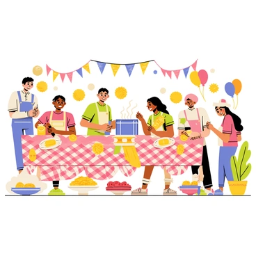 A lively pasta-themed party is taking place in a bright, decorated room filled with colorful banners and balloons shaped like pasta types. Tables are adorned with checkered red and white tablecloths, featuring various pasta-making tools like rolling pins, flour bags, and shaped pasta cutters. Guests of diverse backgrounds are gathered around the tables, smiling and engaged in making their own pasta, with some rolling out dough and others filling ravioli. A large pot of boiling water sits on a stove in the background, and platters filled with fresh pasta and sauce options are placed on the side, creating an inviting and fun atmosphere.