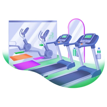 A modern pastel illustration of a gym circuit set up featuring various cardio equipment. In the foreground, there are two treadmills with digital screens displaying distance and speed. To the side, there are elliptical machines, each with sleek designs and adjustable resistance settings. The background includes colorful exercise mats laid out on the floor, and water bottles placed on metal holders next to the machines. Wall mirrors reflect the equipment, creating a sense of depth and space in the gym.