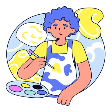 A self-portrait of an artist with short curly hair and a thoughtful expression. The artist is wearing a paint-splattered apron over a simple shirt. The background features swirling patterns in bright colors like yellow, blue, and green, creating a dynamic and lively atmosphere. The artist is holding a paintbrush in one hand while the other hand rests on a colorful palette filled with various paints. The overall composition is balanced, with the artist positioned slightly off-center.