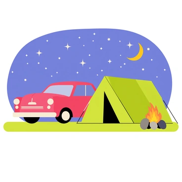A classic car in a glossy red color is parked next to a green camping tent. The tent is set up on a grassy patch, with its entrance facing the car. Beside the tent, a campfire burns brightly with orange and yellow flames, surrounded by smooth, gray stones. Above, a starlit sky features countless twinkling stars and a crescent moon shining down. The scene captures a peaceful outdoor camping atmosphere, with the glow from the campfire illuminating the nearby surroundings.
