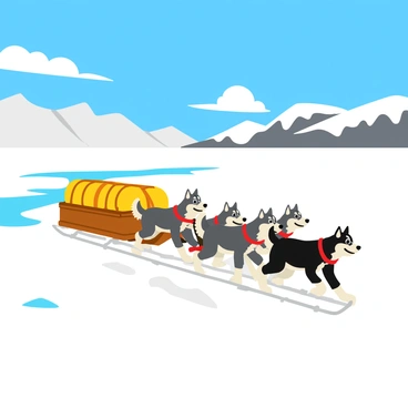 A sled team composed of four sturdy Alaskan huskies pulling a large wooden sled filled with barrels of fuel. The dogs are harnessed with bright red straps, their fur thick and fluffy against the cold. The sled moves across a vast, white snowy landscape, with gentle hills and patches of shimmering ice in the distance. The sky is a clear blue, dotted with a few fluffy white clouds, and the sun shines brightly, casting crisp shadows on the snow. In the background, a range of rugged mountains is partially covered in snow.
