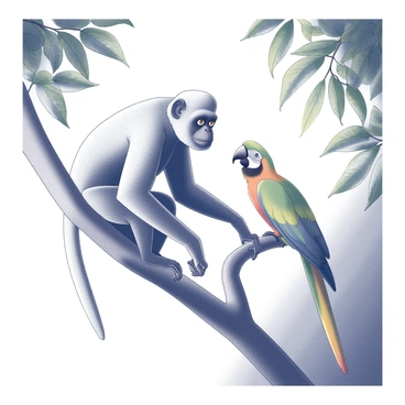 A gibbon is perched on a robust, high jungle branch, its long arms gracefully draping down. The gibbon has a curious expression, with its wide eyes focused intently on a colorful parrot that is sitting nearby. The parrot, adorned with a vibrant plumage, fluffs its feathers as it engages in animated conversation with the gibbon. Surrounding them are lush green leaves framing the scene, and the distant jungle canopy can be seen beneath them. The sunlight filters through the branches, casting soft shadows on the bark.