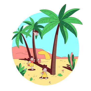A group of children is playing hide-and-seek among tall green palm trees in a vibrant desert oasis. The palm trees stand proudly with their fronds swaying gently in the warm breeze. One child, wearing a bright red shirt, peeks out from behind a trunk, while another child in a yellow dress giggles as she tries to find a hiding spot among the lush foliage. The sand around them is golden and soft, with scattered patches of green grass and small flowers dotting the landscape. In the background, clear blue skies stretch overhead, enhancing the cheerful atmosphere of the scene.