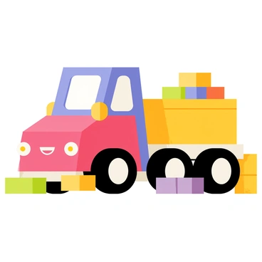 A colorful toy truck constructed entirely from various building bricks. The truck features a bright red front, a blue cabin, and a yellow flatbed. The wheels are round and black, made from different colored bricks. The truck's design includes a smiling face on the front, with large cartoon-style eyes and a cheerful expression. Various blocks in green, orange, and purple are scattered around it, adding to the playful scene.