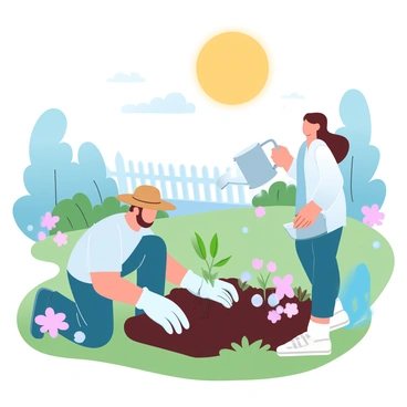 A retired couple is tending to a lush garden filled with a variety of vibrant flowers, trees, and greenery. The man is kneeling on the ground, carefully planting a young sapling while wearing a straw hat and gardening gloves. The woman is standing nearby, holding a watering can and pouring water onto the soil around several blooming plants. In the background, there are well-maintained flower beds and a picket fence surrounding the garden. A large, golden sun is shining above, casting a warm glow over the scene, symbolizing the nurturing of their investments and the growth of annuities over time.