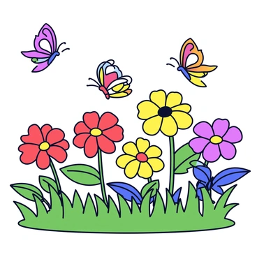 A lush garden filled with a variety of blooming flowers in different colors, including red, yellow, and purple. The flowers are detailed with distinct petals and leaves, creating a vibrant scene. Butterflies with colorful wings are fluttering around, adding movement to the image. The garden has a green grass background that contrasts with the bright flowers, creating a lively atmosphere.