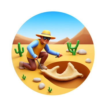 A paleontologist wearing a wide-brimmed hat and protective goggles is carefully excavating dinosaur bones in a desert site. The paleontologist is kneeling on the sandy ground, using a small brush to gently uncover a large dinosaur femur. Surrounding the excavation area are sparse desert plants and rocks, with a clear blue sky above. In the background, distant mountains can be seen, enhancing the rugged terrain of the site. The dinosaur bones are partially exposed, showing intricate details and textures of fossilized remains.