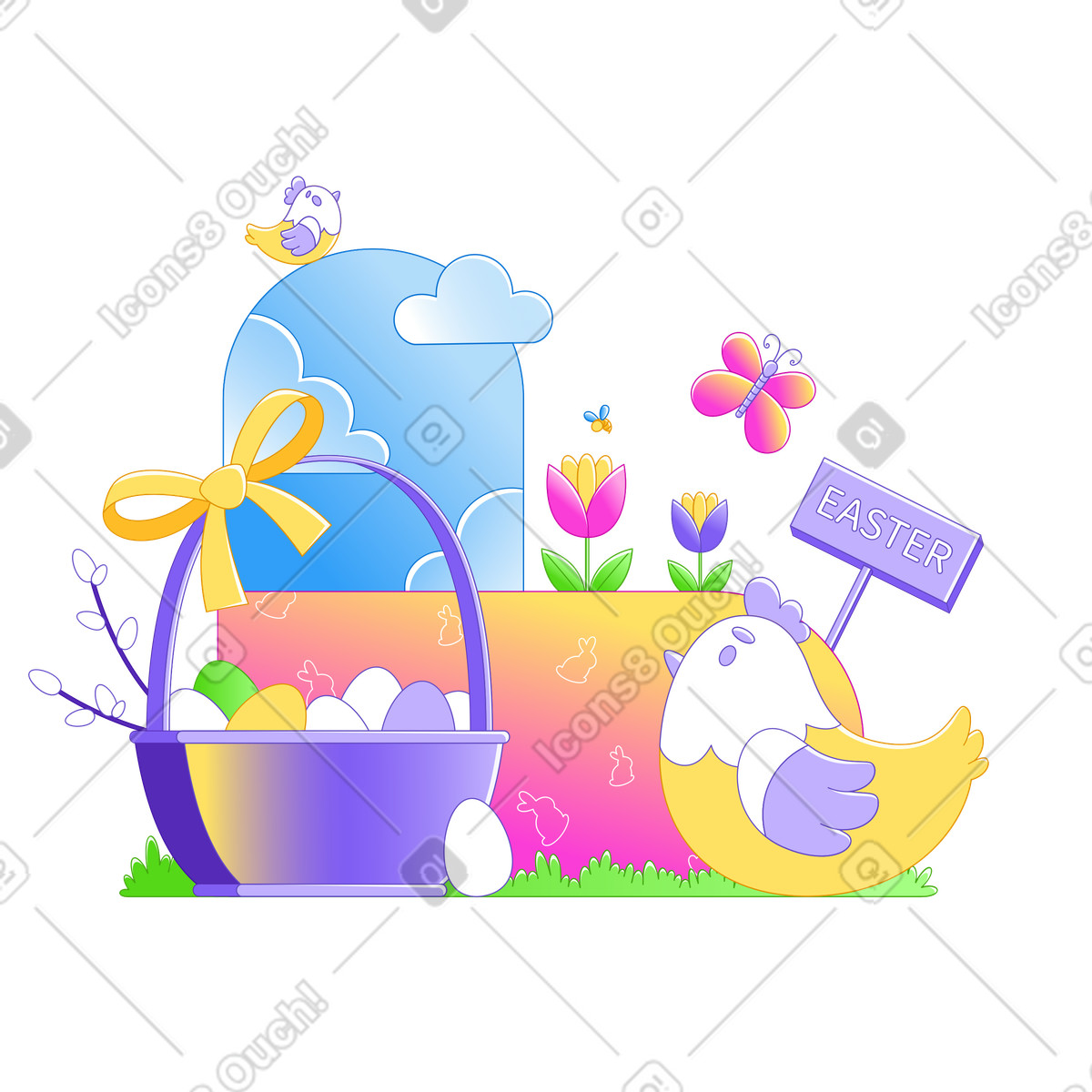 Pollo pasquale con cesto di uova illustrazione in stile Rainbow scarica in PNG, SVG