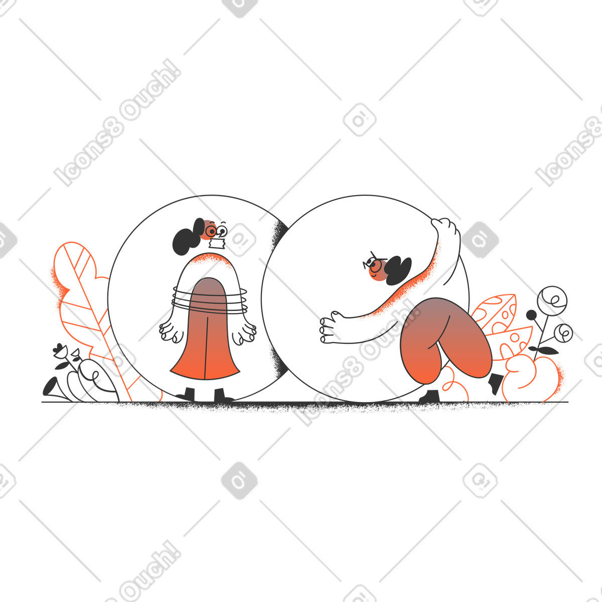 Man hiding tied up woman illustration in PNG, SVG