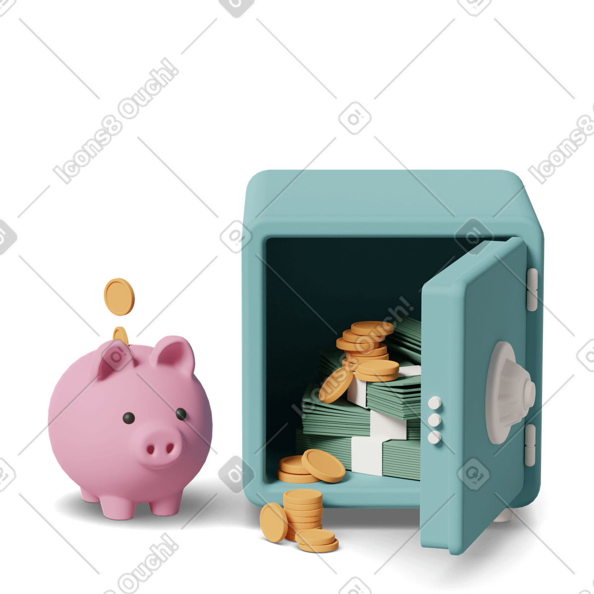 Open safe box with piggy bank-Illustration im 3D Casual life-Stil als Download in PNG, SVG