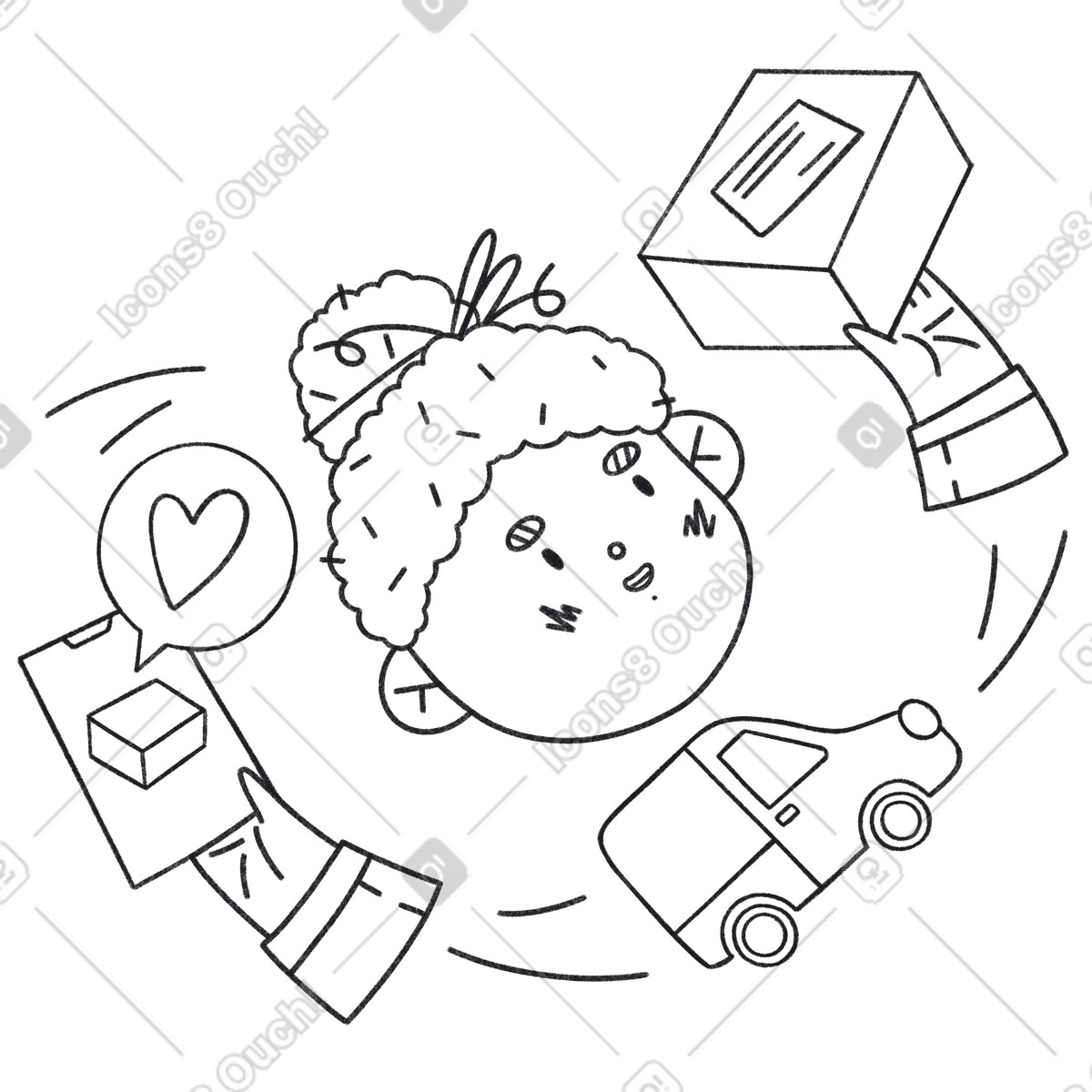 Ilustración Excited recipient with package and smartphone, Online order delivery en estilo Bonbon Line a descargar en PNG y SVG