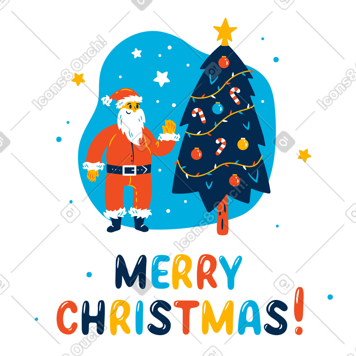 Ilustración Papá noel y árbol de navidad con texto feliz en estilo Flame a descargar en PNG SVG
