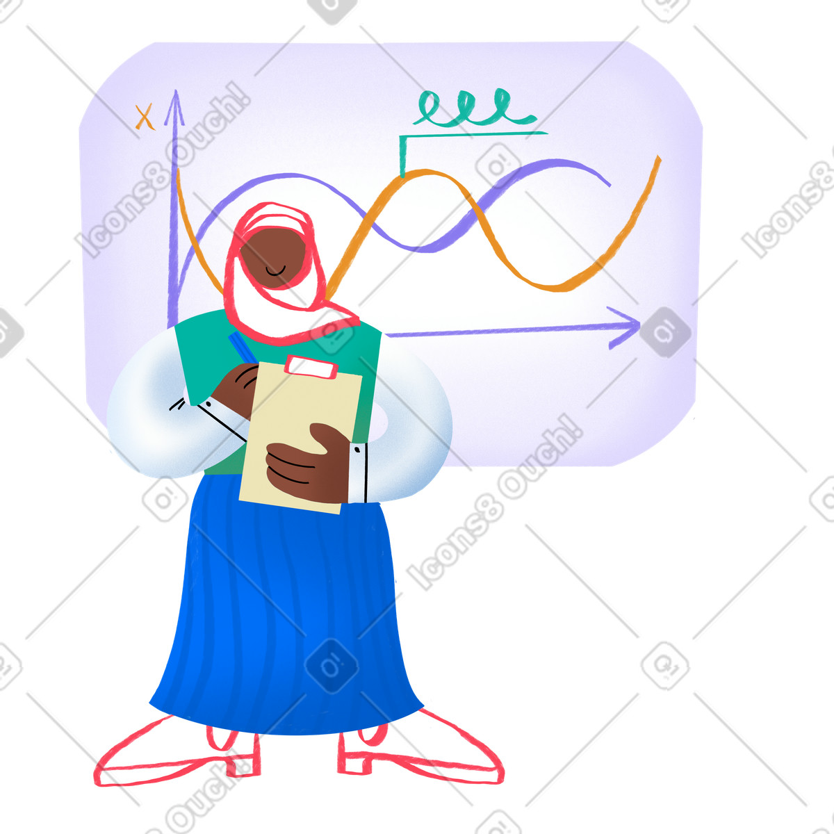 Woman in headscarf studying near whiteboard illustration teaching clipart PNG download