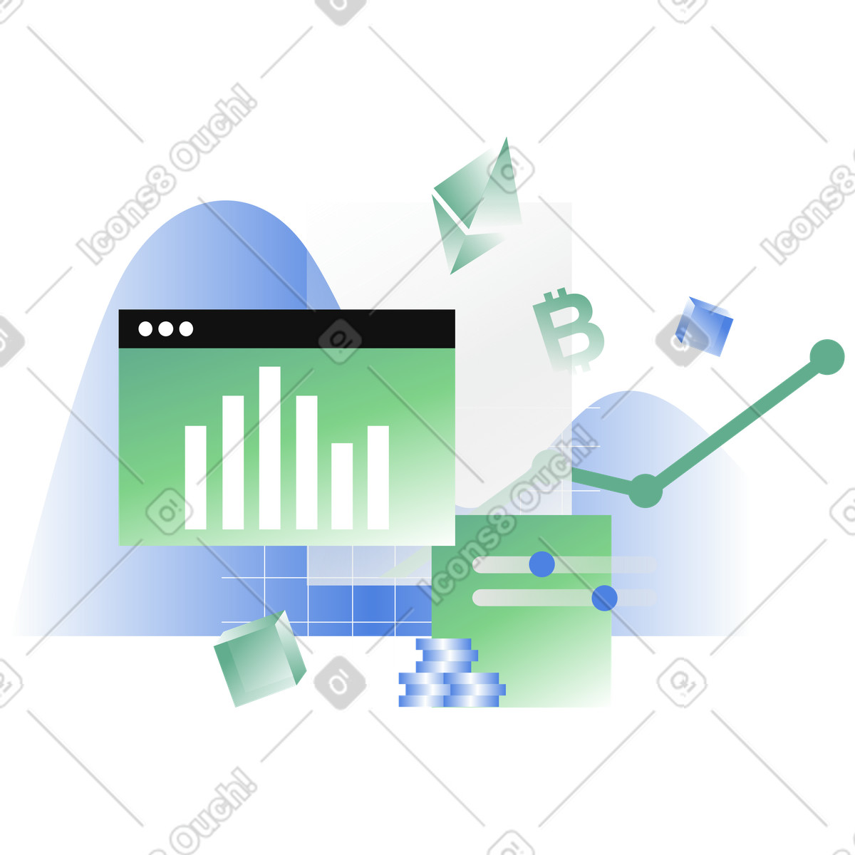 Cryptocurrency analytics and currency exchange illustration in PNG, SVG