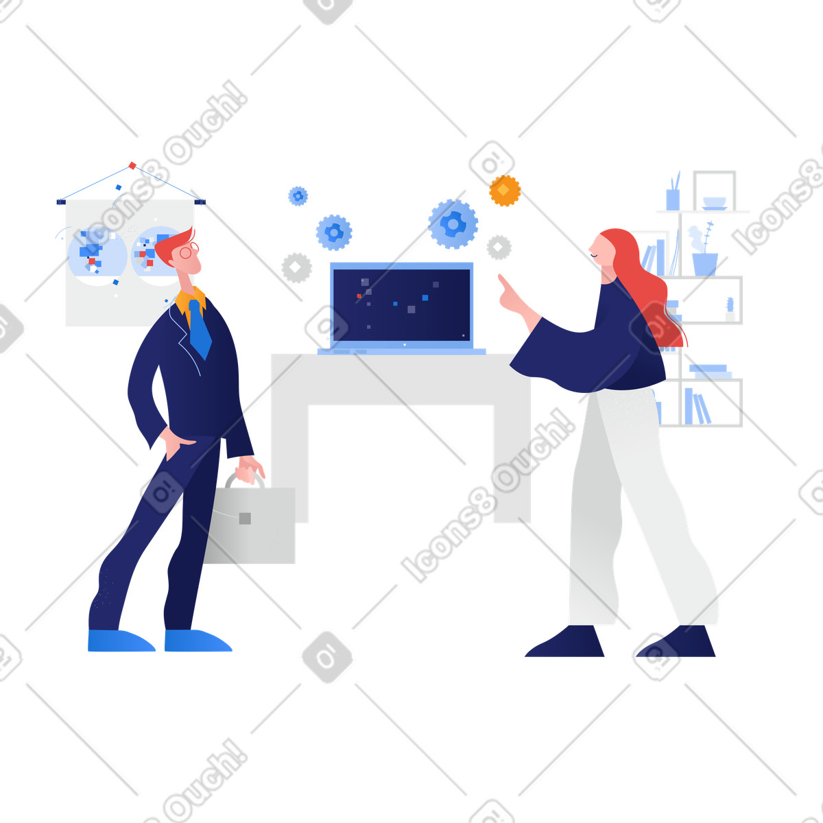 Technician at the office illustration repairing a woman's computer clipart in Repair graphics