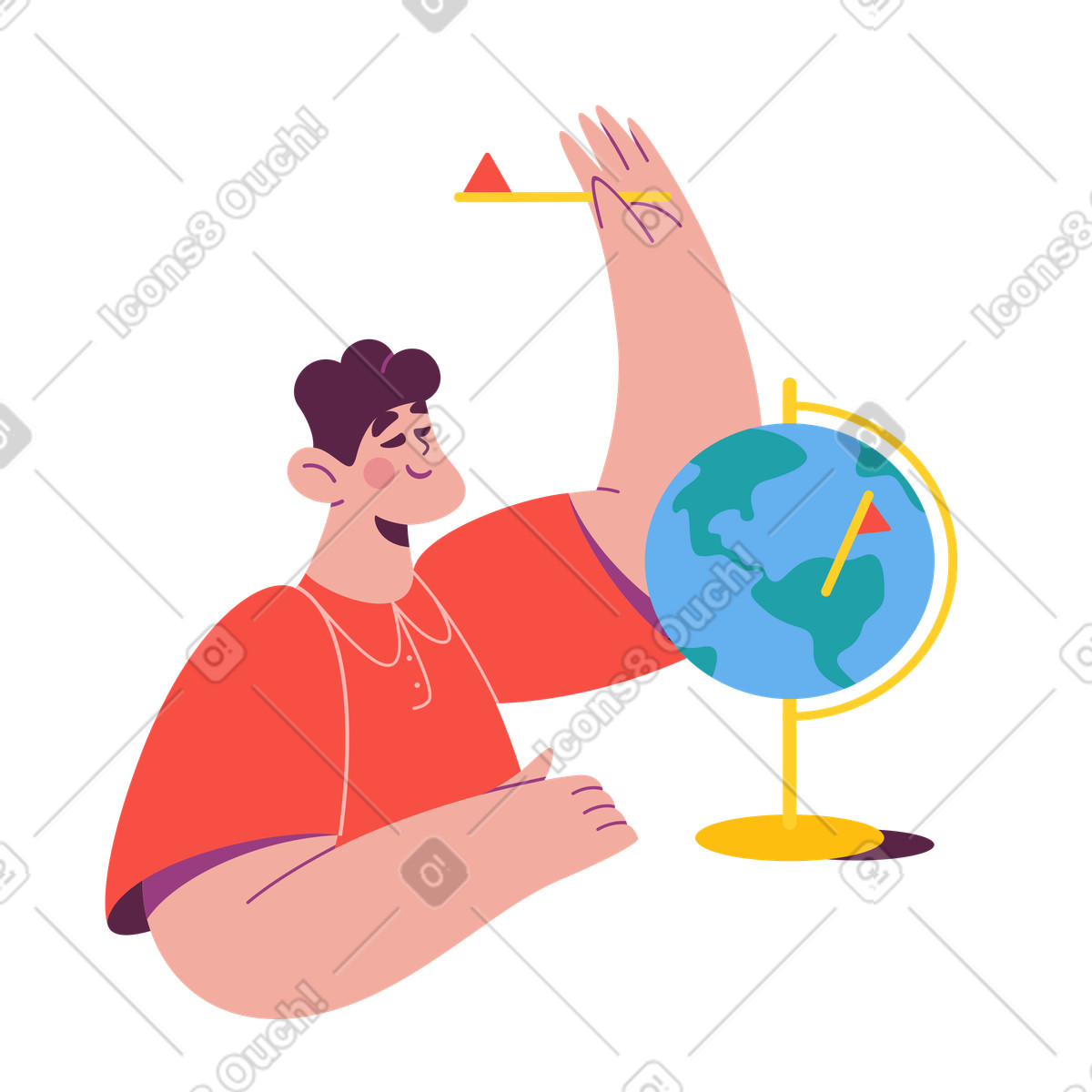 Sammy スタイルの 旅行計画のために地球に旗を立てる男性 のイラストをPNG、SVG形式でダウンロード