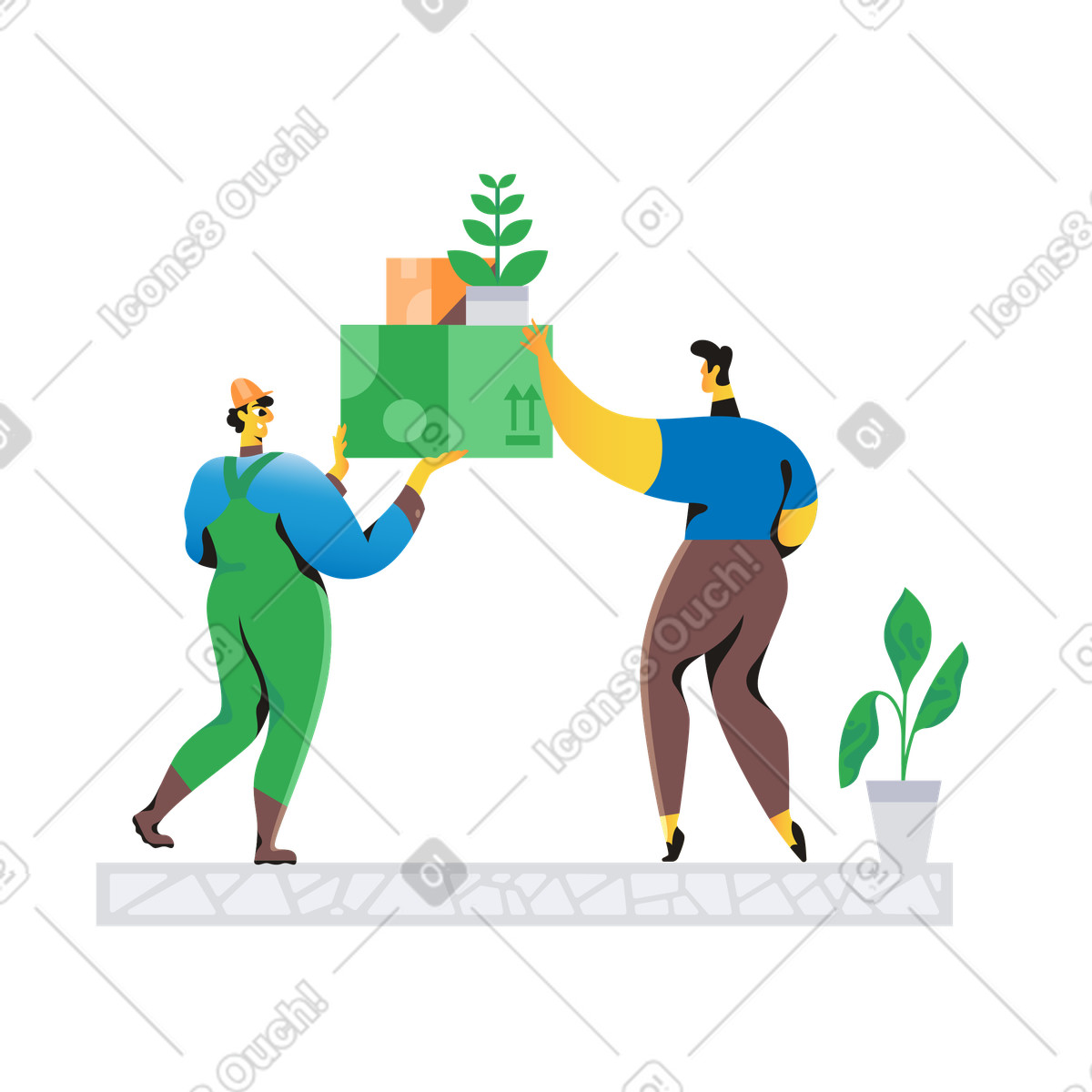 Ilustración Hombre ayudando a un repartidor con el transporte de cajas. en estilo Jaconda descargar en PNG y SVG