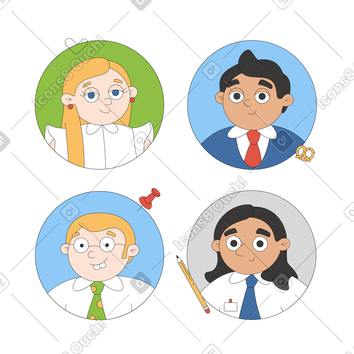 Ilustración Paquete de pegatinas avatares del personal oficina, dos en estilo Sitcom a descargar en PNG y SVG