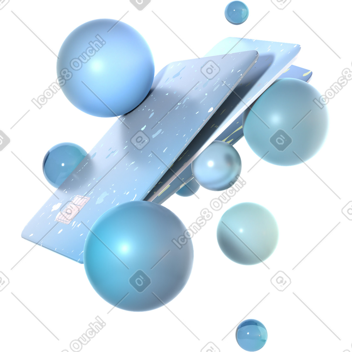 Carte di credito monocromatiche fluttuanti e sfere perlescenti illustrazione in stile 3D Glassy scarica in PNG, SVG