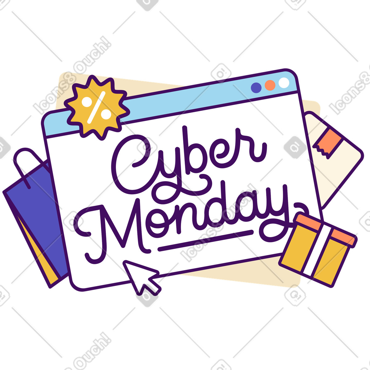 Browser window showing cyber monday lettering, retail marketing and online shopping illustration in Simplistic style download in PNG, SVG