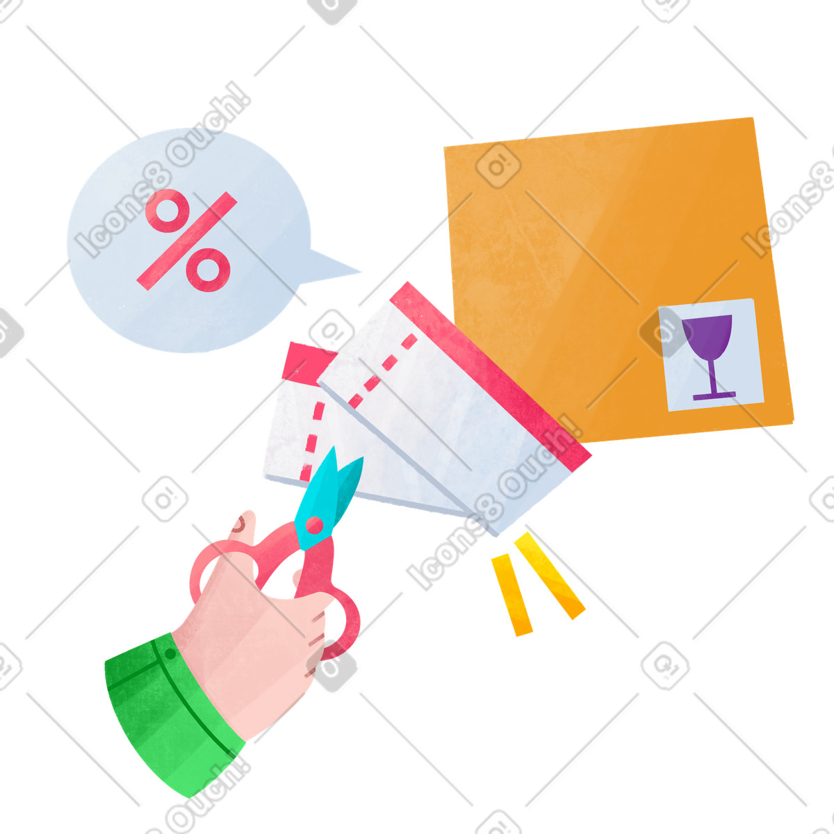 Cutting out discount coupons to save money illustration in Bonbon style download in PNG, SVG