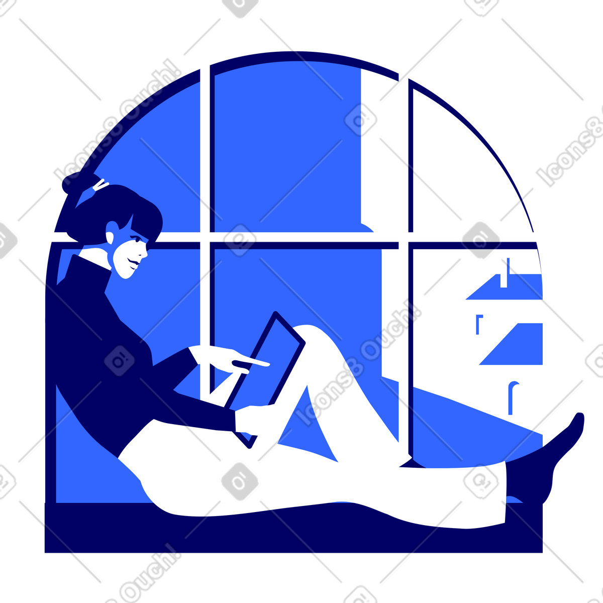 Frau sitzt am fenster und arbeitet tablet-Illustration im Lounge-Stil als Download in PNG, SVG