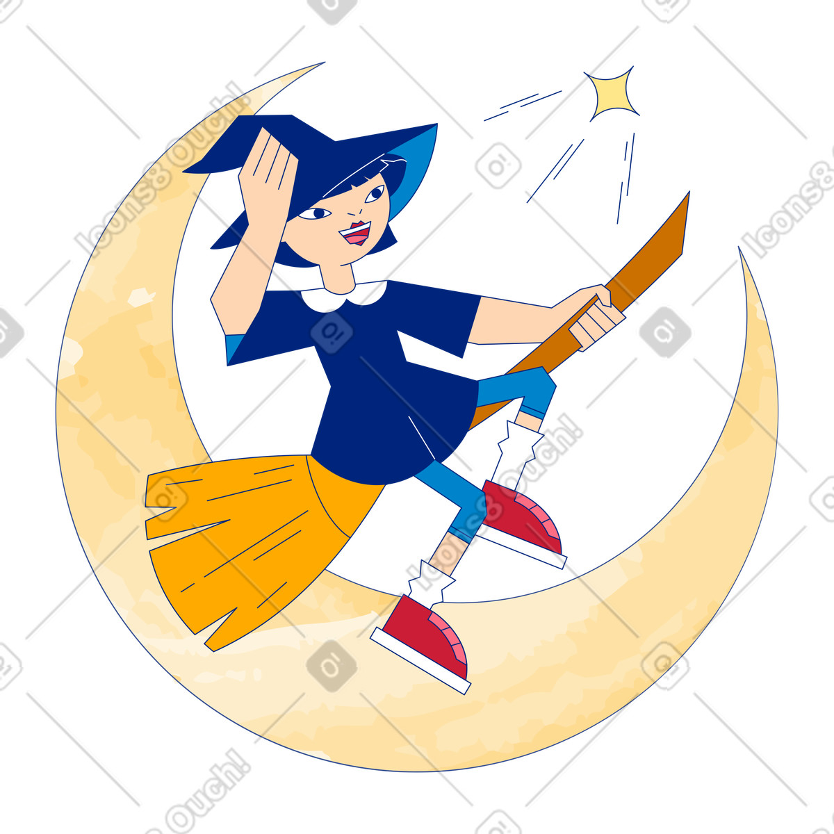 Ilustração de Bruxa na vassoura em no estilo Neo-Sakura para baixar em PNG, SVG