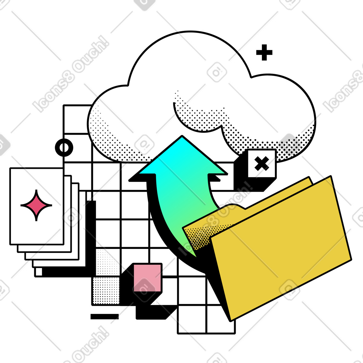 Files transferring to cloud storage, Digital asset backup illustration in Memphis style download in PNG, SVG