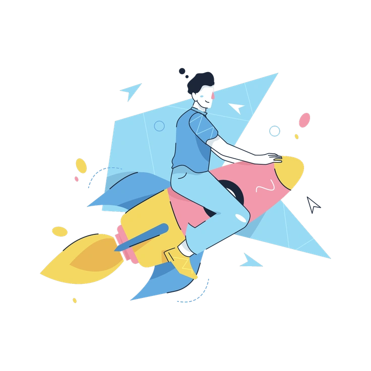 A person riding a colorful rocket - Work Hard style illustration