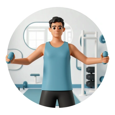 A gym-goer, wearing a blue tank top and black athletic shorts, is performing arm circles. Their arms are extended to the sides, moving in a circular motion. The gym-goer has short, dark hair and a focused expression on their face. In the background, there is a large mirror reflecting their movement and the gym environment. Various gym equipment is visible, including dumbbells and mats, and the lighting is bright, highlighting the gym atmosphere.