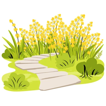 A home garden with a vibrant patch of "lush goldenrod flowers" blooming brightly. The garden includes a well-defined "stone pathway" winding through the foliage. The pathway is made of smooth, flat stones that create a rustic feel. Surrounding the goldenrod flowers are various green plants and small bushes, enhancing the garden's natural beauty. The sunlight casts gentle shadows on the pathway, creating a warm atmosphere.