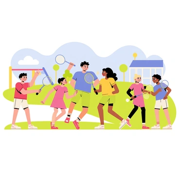 A group of five kids energetically playing badminton in a vibrant schoolyard. The children are of diverse ethnic backgrounds, with two boys and three girls. One boy is wearing a red shirt and shorts, while another is in a blue t-shirt and green shorts. One girl is wearing a pink dress, and the other two girls are in yellow and purple tops. The kids are positioned in different stances, with one boy swinging a badminton racket while a girl prepares to serve the shuttlecock. The schoolyard has a grassy area, playground equipment in the background, and a clear blue sky overhead. Bright sunlight bathes the scene, enhancing the joyful atmosphere of their game.