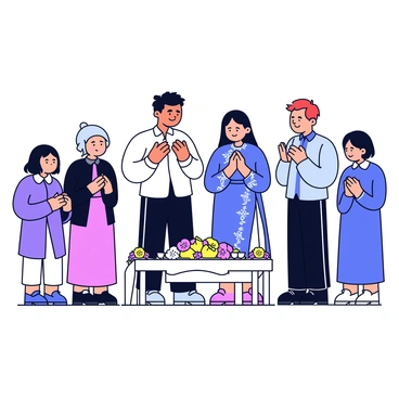 A couple is standing together with hands clasped in front of them, engaged in a ceremonial prayer. They are dressed in traditional clothing, the man in a white shirt and dark pants, the woman in a flowing dress with intricate patterns. Surrounding them are several family members, also in traditional attire, all with bowed heads and solemn expressions. The setting is a simple indoor space with light-colored walls. A small table in front of the couple holds candles, flowers, and an ornate cloth laid underneath.