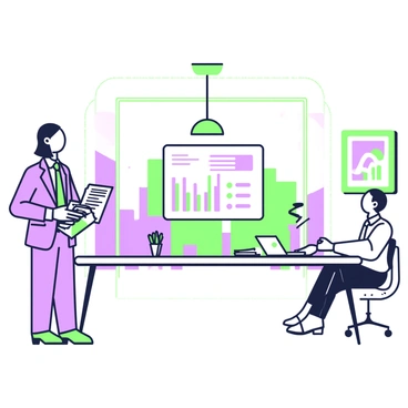 A policy analyst is standing confidently at the front of a sleek conference room. The analyst has medium-length hair and is dressed in a tailored suit, holding a stack of papers in one hand. A digital screen displays a colorful slide with key points and data graphics. In the foreground, a long table is arranged with several government officials seated, attentively listening and taking notes. The room features floor-to-ceiling windows that provide a view of a city skyline, while modern artwork hangs on the walls. A contemporary light fixture hangs above the table, illuminating the space.