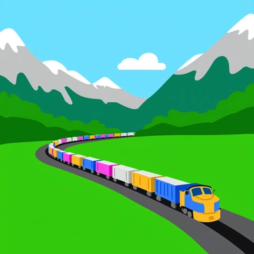 A cargo train traveling along a valley with panoramic views of the surrounding mountains