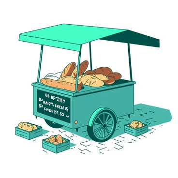A mobile bread cart with a variety of fresh loaves parked on a cobblestone street