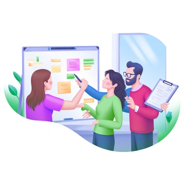 A modern pastel illustration depicting a team of coworkers gathered around a whiteboard. The team consists of four individuals, each with distinct features and clothing styles. One individual, a woman with short brown hair, is pointing at the whiteboard, which displays colorful diagrams and notes. Another person, a man with glasses and a blue shirt, is taking notes on a clipboard. A third coworker, a woman with long curly hair wearing a green blouse, is leaning in to listen intently. The last team member, a man with a beard in a red sweater, is gesturing animatedly. The background includes a bright office space with a plant and a window showing a clear blue sky.