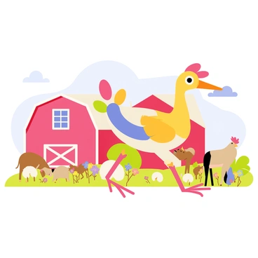 A big bird wandering around a cheerful farm with a barn and farm animals