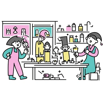 A toy workshop with colorful wooden walls and a high ceiling. In the center, there are several half-made nutcrackers displayed on a large workbench. Elves, wearing green and red overalls, are busily working around the workshop. One elf is painting the face on a nutcracker, while another is assembling pieces of wood. There are tools scattered across the tables, and in the background, shelves filled with toys and crafting supplies are visible. Brightly colored paint pots and ribbons add vibrancy to the scene.