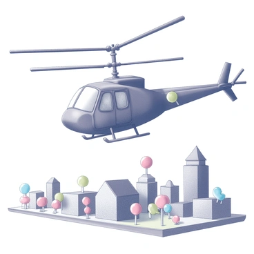 A helicopter with a body constructed from various types of candy. The rotors are made of long strands of licorice, visually prominent as they rotate. Below, a candy city stretches out, featuring buildings made of gumdrops and lollipops, with roads resembling twisted taffy. The scene captures the helicopter in mid-flight, creating a dynamic sense of motion above the colorful candy architecture.
