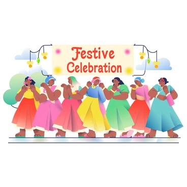 A vibrant festival scene is depicted with a variety of women wearing colorful sarees in shades of red, yellow, blue, green, and pink. These sarees are elegantly draped, creating beautiful flowing patterns that come together to form a celebratory logo in the center. The women are joyfully dancing, their movements capturing the essence of the celebration. Around them, there are decorations of bright flowers and twinkling lights hanging from nearby trees. In the background, a large banner displays the words "Festive Celebration" in ornate lettering. The atmosphere is lively, filled with energy and excitement.