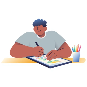 An artist with light brown skin and curly hair is seated at a wooden table, intently sketching on a digital tablet using a slim black stylus. The tablet displays a colorful illustration in progress, showcasing various shapes and patterns. The artist is wearing a casual gray t-shirt and has a focused expression on their face. A small cup filled with various colored pens and pencils is placed next to the tablet, and a soft light illuminates the workspace, enhancing the creative atmosphere.