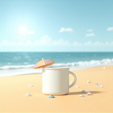 A white coffee cup with a small colorful umbrella resting on the rim is placed on a golden sandy beach. The sandy surface is dotted with tiny seashells and a few pebbles. In the background, gentle waves are lapping against the shore, while a clear blue sky stretches overhead. A few wispy clouds can be seen in the distance, adding to the bright beach atmosphere. Sunlight reflects off the water, creating a shimmering effect.