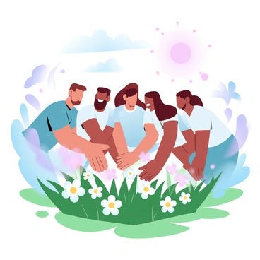 A group of friends is in a sunny field, surrounded by vibrant green grass and colorful flower buds. They are bending down to pick the flower buds, their hands reaching out towards the blossoms. The friends are wearing casual, light clothing suitable for a warm day. Laughter is radiating among them, creating an atmosphere of joy and camaraderie. The sun is shining brightly, casting soft shadows on the ground, and a few butterflies can be seen fluttering nearby, adding to the lively scene.